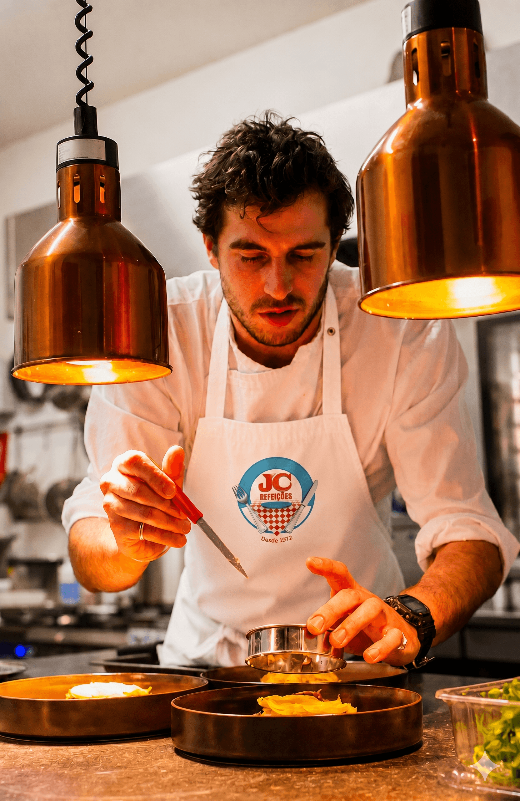 Chef preparando refeição em cozinha profissional